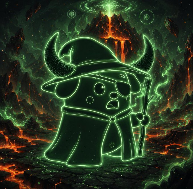 A glowing green neon-style cartoon puppy dressed as a wizard with horns and a staff, standing before a volcanic landscape.