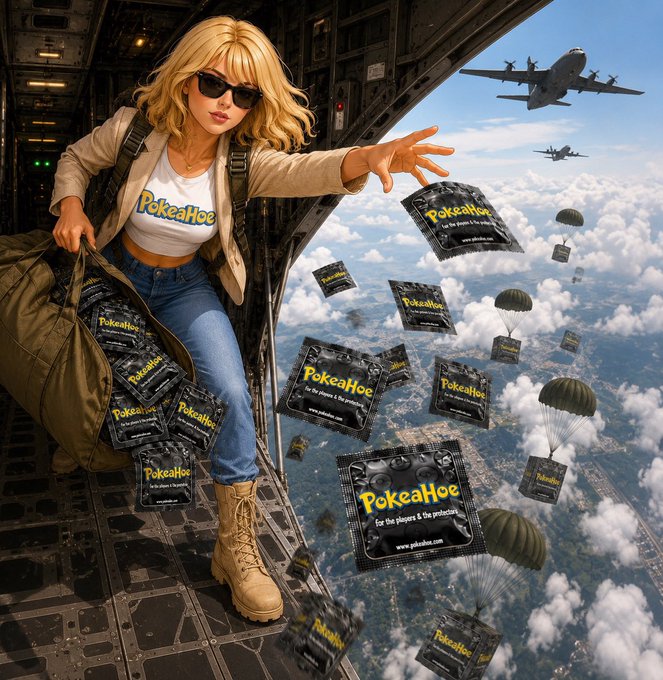 A digital illustration of a blonde woman wearing a 'PokeaHoe' shirt at the open ramp of a military cargo plane, dropping packets of 'PokeaHoe' branded items with parachutes over a city.