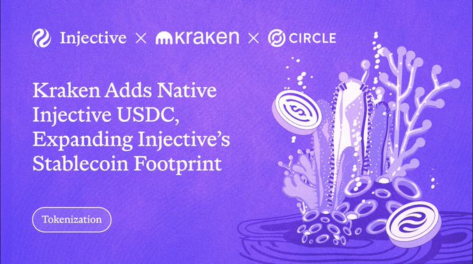 A purple promotional graphic reads 'Kraken Adds Native Injective USDC, Expanding Injective's Stablecoin Footprint' with logos for Injective, Kraken, and Circle.