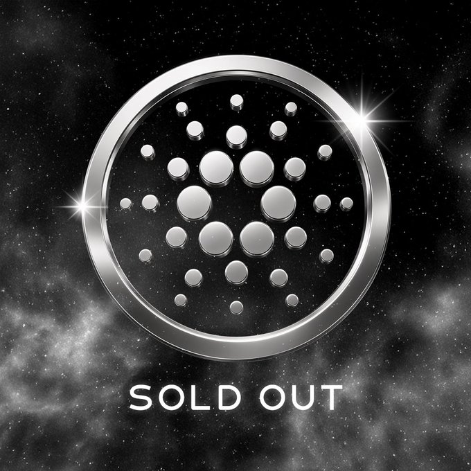 A graphic featuring a metallic silver circle with embedded dots resembling a cryptocurrency logo, set against a dark starry background, with 'SOLD OUT' displayed below it.
