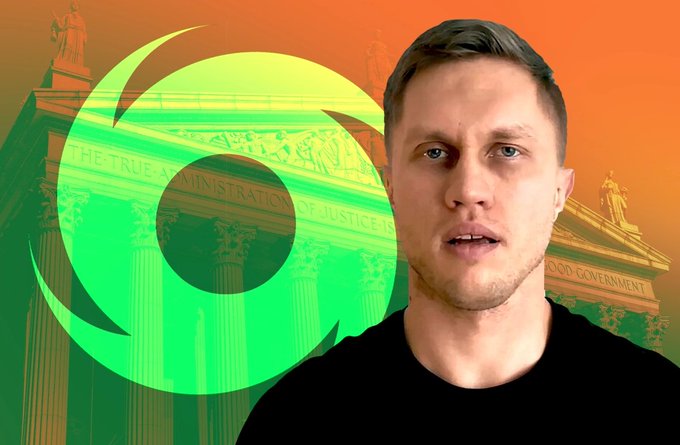 A man in a black shirt stands before a courthouse façade inscribed with "THE TRUE ADMINISTRATION OF JUSTICE IS" and "GOOD GOVERNMENT," overlaid with a glowing green swirl logo representing Tornado Cash. The image relates to the postponement of co-founder Roman Storm's retrial for the open-source crypto mixing tool.