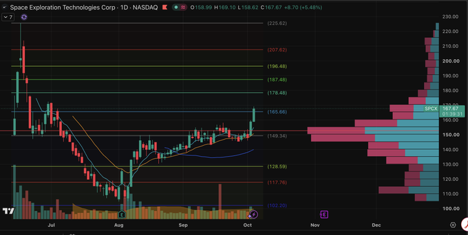A stock chart showing SpaceX (SPX) at 158.99, up 8.70 (+5.48%), with candlestick price action and volume bars on the left and a horizontal volume profile on the right.