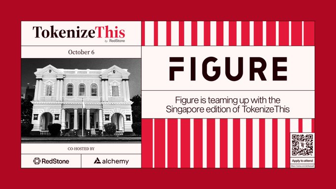 An event announcement for 'TokenizeThis by RedStone' on October 6, featuring 'FIGURE' as the main sponsor, co-hosted by RedStone and Alchemy, with a QR code to apply to attend.
