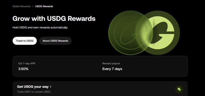 A dark-themed webpage screenshot promoting 'Grow with USDG Rewards', detailing an 'Est 7-day APR' of 3.50% with payouts every 7 days for holding USDG.