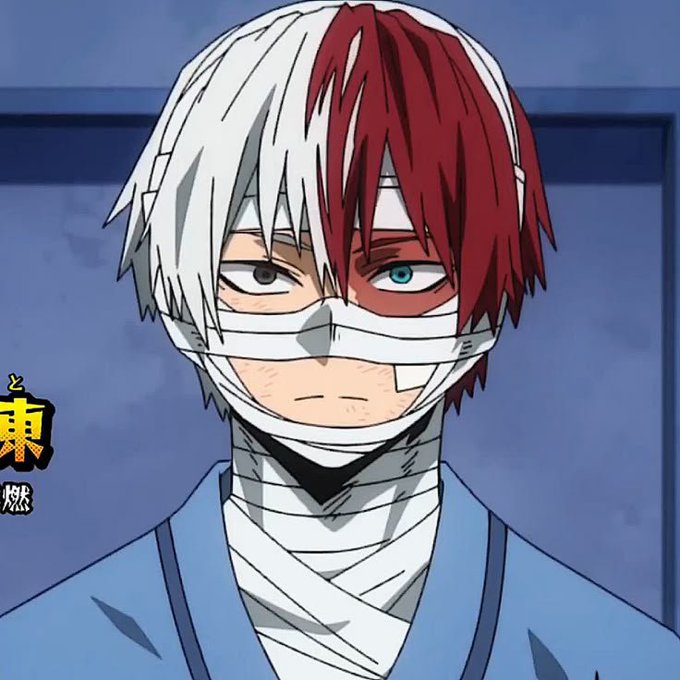 Anime illustration of a bandaged character (Shoto Todoroki from My Hero Academia) with half white, half red hair and heterochromia, wearing a blue robe, with Japanese text "燃" visible on the left.