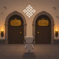 Pixel art image of a white cat-like character with brown ears standing before two brown doors topped with a decorative emblem, set against a stone wall.
