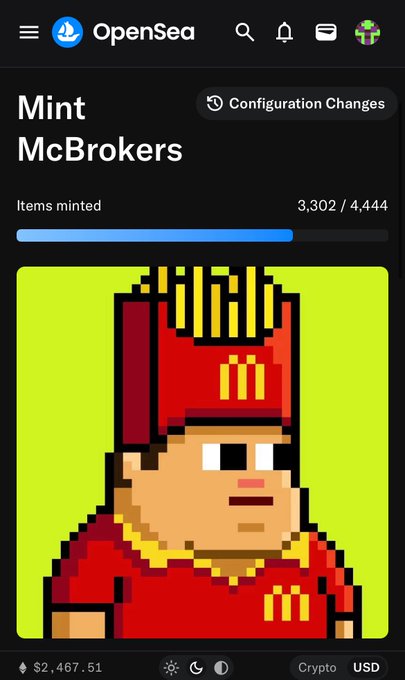 A screenshot of OpenSea showing the "Mint McBrokers" NFT collection with 3,302 of 4,444 items minted, featuring a pixel art McDonald's-style mascot character with a red hat and uniform priced at $2,467.51, capturing the user's recent mint of one of these NFTs for fun.
