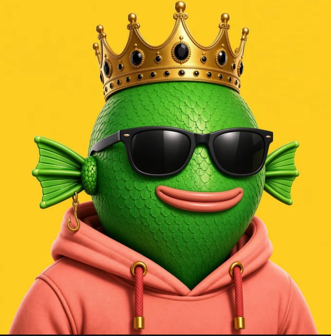 A 3D-rendered cartoon character: a green scaly fish wearing a gold crown, black sunglasses, a fish hook earring, and a pink hoodie, set against a bright yellow background.
