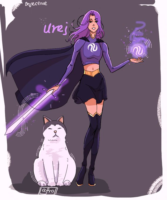 A digital illustration of a purple-haired female superhero labeled "Urej" holding a glowing sword and magic orb, standing next to a white and black cat, with "Injective" text at the top and artist signature "Azko".