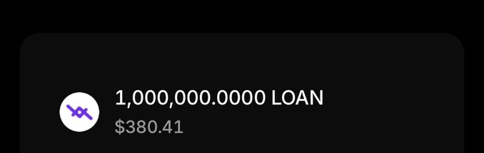 A dark screenshot showing a crypto wallet interface displaying a balance of '1,000,000.0000 LOAN' valued at '$380.41' next to a purple star icon.