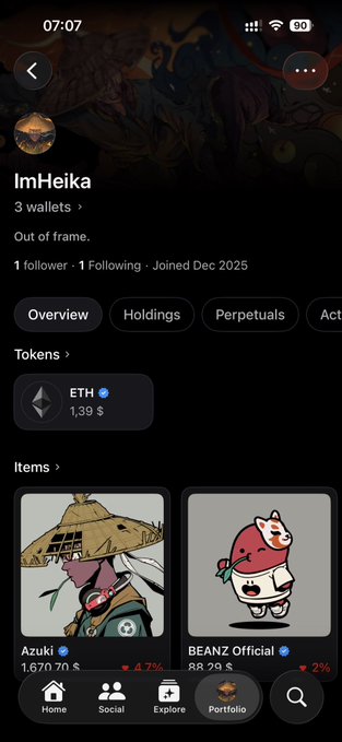 A mobile app profile screen for 'ImHeika' showing 3 wallets, an ETH balance of 1.39, and NFT items including 'Azuki' and 'BEANZ Official'.