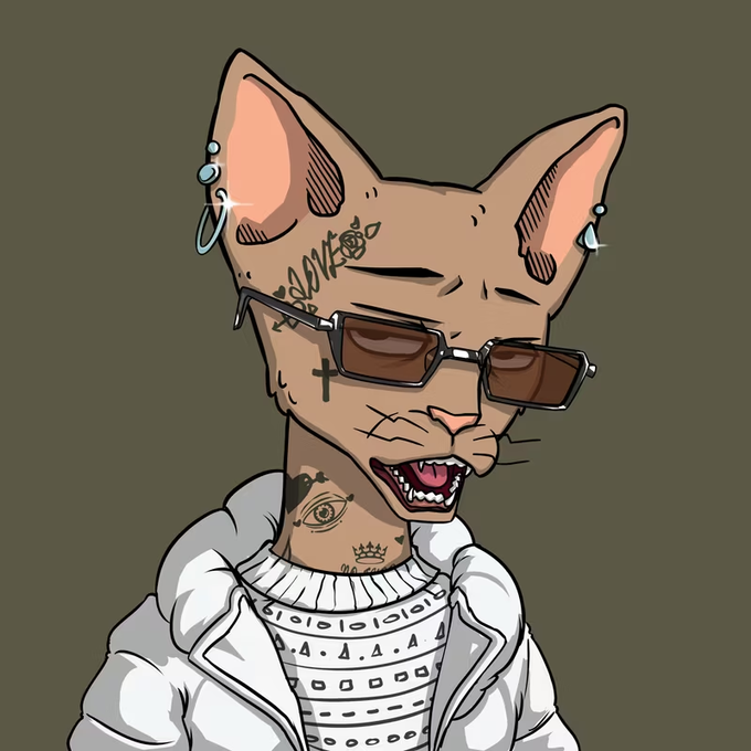 A digital illustration of a hairless cat wearing dark sunglasses, a white puffer jacket, and multiple earrings, with face tattoos including a cross under the eye and an eye design on its neck.