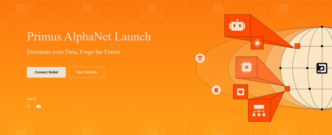 An orange-themed website banner advertising the 'Primus AlphaNet Launch' with the tagline 'Dominate your Data, Forge the Future,' featuring 'Connect Wallet' and 'See Tutorials' buttons alongside illustrations of a globe and technological icons.