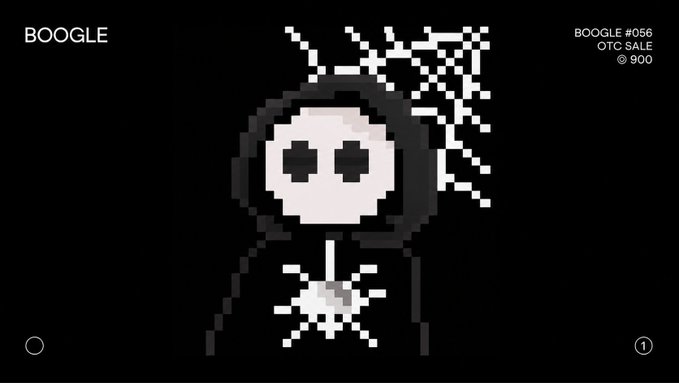 The image shows a pixel art character resembling a ghostly spider with black legs, white web-like tendrils, and stitched "X" eyes, displayed against a black background. Text in the upper left reads "BOOGLE," while the upper right displays "BOOGLE #056, OTC SALE, © 900," confirming the referenced character details. The post welcomes @R89Capital for acquiring this specific Boogle NFT for 900 SOL through an OTC (over-the-counter) sale.