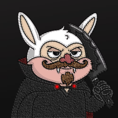 A cartoon drawing of an anthropomorphic white rabbit-like character wearing a black robe with a red gem, featuring fangs and a mustache.