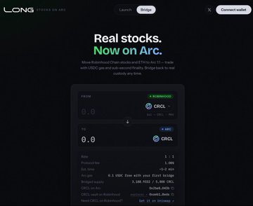 The image shows a "LONG | Focus on arc" website promoting Robinhood Chain stocks on Arc, featuring the CRCL ticker with tokenized stocks showing prices of 0.0 each and a projected fee of $1, illustrating how to buy meme tokens on Arc before mainnet by trading tokenized USDC fee tokens for real stocks like Circle (CRCL).