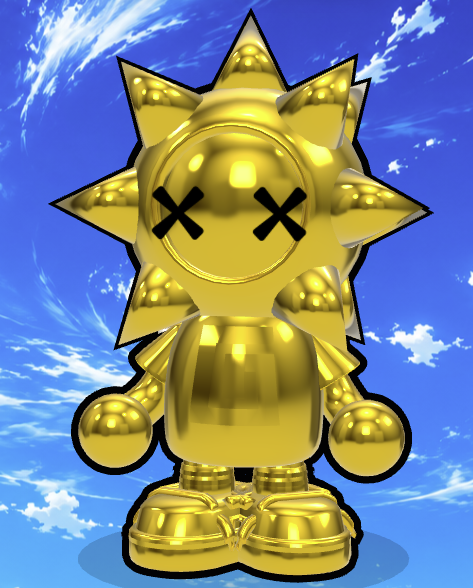 A shiny golden figurine with X-shaped eyes and spiky hair standing against a bright blue sky with clouds.