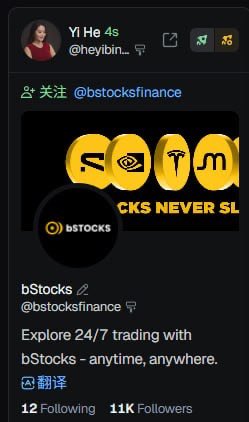 The image shows a social media post from user Yi He (@heyibinance) promoting @bstocksfinance, featuring a "CKS NEVER SL..." banner and the bStocks logo with a tagline about 24/7 trading. The caption "Big sis is only showing up this late?" relates to Yi He, a prominent Binance executive, endorsing bStocks late in the day, likely humorously noting her delayed promotional appearance.