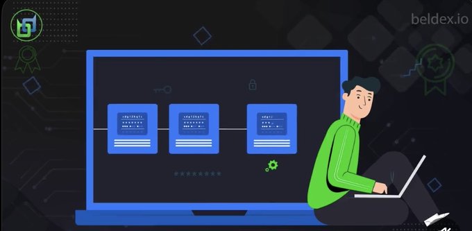 An animated illustration for beldex.io featuring a person in a green sweater using a laptop next to a screen displaying security and password management icons.