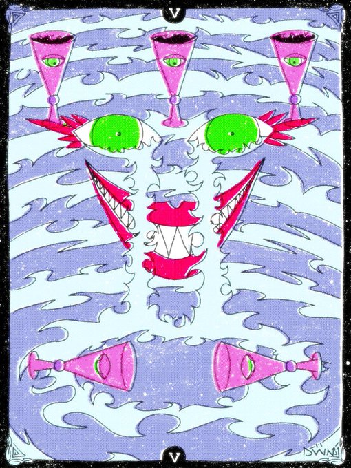 A surreal, psychedelic artwork featuring multiple eyes, sharp teeth, and pink goblets arranged symmetrically against a wavy purple and white background, with the letter 'V' at the top and bottom.