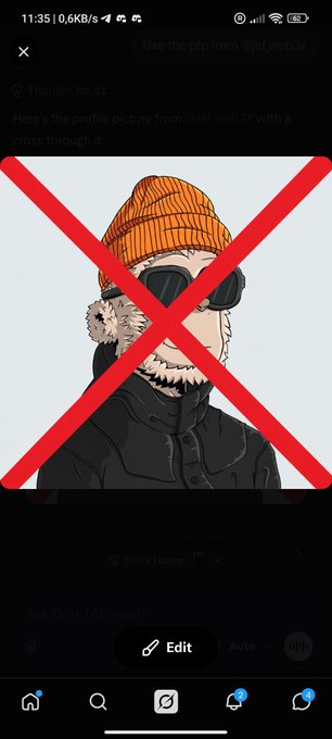 A mobile phone screenshot showing a profile picture edit prompt asking "Here's the profile picture from @jeff_web3x with a cross through it," displaying a cartoon avatar of a bearded man in an orange beanie and goggles with a large red X over it.