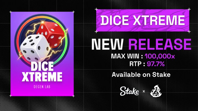 The image features a poster or banner with two dice, one red and one white, placed against a black background. The text on the poster reads "Dice Xtreme New Release" and "Max Win: 100,000x RTP: 97.7%". The poster also includes a link to the post where users can repost their thoughts about the new release or ask questions related to the game.