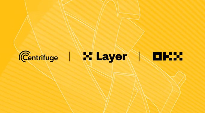 The image features a large yellow background with white text that reads "centrifuge Layer" and "okx". The text is positioned at the top of the image, while the words "deJAAA" and "deJTRSY" are located below them. The overall layout suggests that the image is related to a post about a major distribution channel or integration, possibly involving credit users accessing the platform directly from OKX.