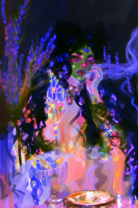 A surreal, psychedelic digital artwork depicting a figure with green and pink tones surrounded by purple smoke, candles, and crystal elements in a dark, mystical setting.