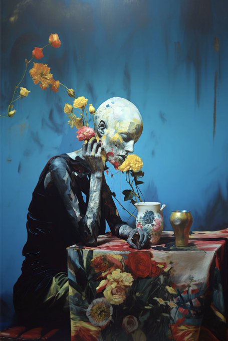 The image features a painting that depicts a woman with flowers in her hair and a vase of flowers next to her. The painting has a blue background which contrasts with the white face of the woman, making her stand out even more. The artist's signature is visible at the bottom right corner of the painting. The post also mentions GM Sense of Senses 1/1, 2023 now listed on @TransientLabs, and that it was posted by GM Sense of Senses.
