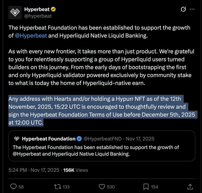 A tweet from @hyperbeat announcing the establishment of the Hyperbeat Foundation to support Hyperliquid Native Liquid Banking, with a highlighted section urging addresses holding Hearts or Hypurr NFTs (as of November 12, 2025, 15:22 UTC) to sign the Hyperbeat Foundation Terms of Use before December 5th, 2025, 12:00 UTC—relevant to the accompanying post's criticism of HyperEVM projects imposing time-sensitive terms on airdrop recipients.