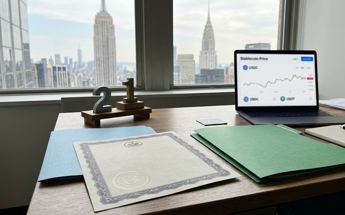 A desk overlooking the New York City skyline (Empire State Building visible) features a decorative '21' sign, a blank stock certificate, colored folders, and a laptop displaying a 'Stablecoin Price' chart for USDC and USDT.