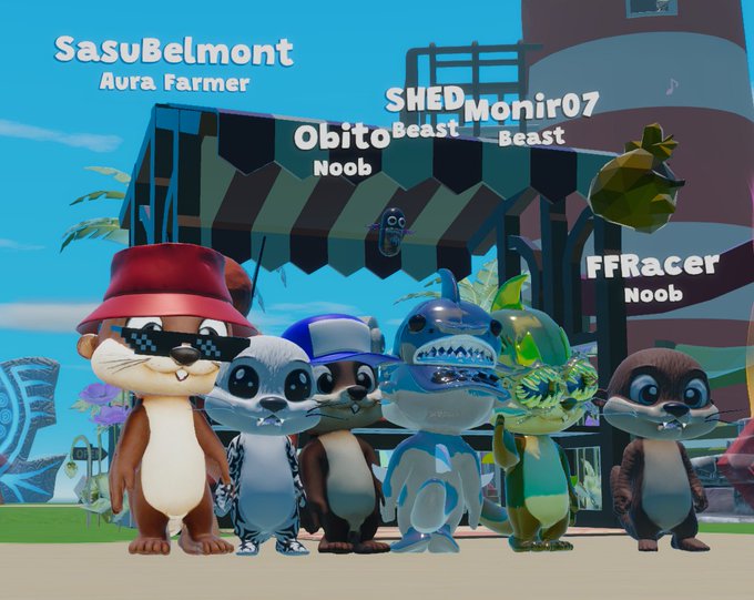 A group of six animal characters from a video game pose together in front of a beach hut, with player names and titles displayed above them, including 'SasuBelmont - Aura Farmer', 'SHEDBeast - Noob', 'Obito - Beast', 'Monir07 - Beast', and 'FFRacer - Noob'.