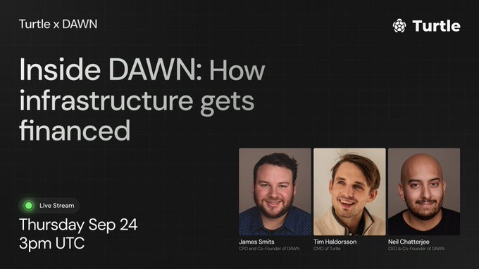A promotional graphic for a Turtle x DAWN live stream titled "Inside DAWN: How infrastructure gets financed" on Thursday Sep 24 at 3pm UTC, featuring headshots of James Smits, Tim Haldorsson, and Neil Chatterjee.