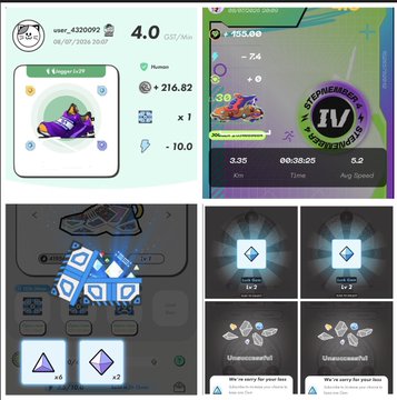 A collage of gaming app screenshots showing a user profile 'user_4320992' with a 4.0 rating, in-game statistics including 155.00 score, and various item unlocks featuring blue gem icons.