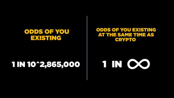 A black graphic comparing statistics in yellow and white text: "ODDS OF YOU EXISTING 1 IN 10^2,865,000" vs "ODDS OF YOU EXISTING AT THE SAME TIME AS CRYPTO 1 IN ∞".