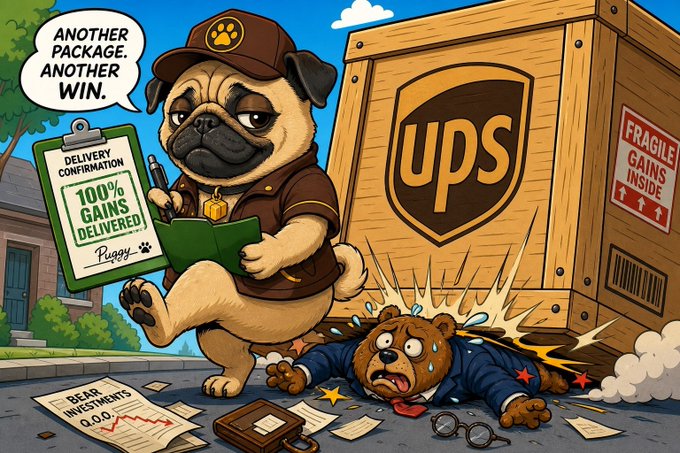 A cartoon illustration shows an anthropomorphic pug dressed as a delivery driver holding a clipboard reading "DELIVERY CONFIRMATION 100% GAINS DELIVERED Puggy," with a speech bubble saying "ANOTHER PACKAGE. ANOTHER WIN," standing over a defeated bear in a suit next to a "ups" crate marked "FRAGILE GAINS INSIDE."