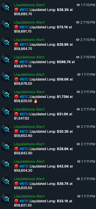 The image shows a long list of cryptocurrency transactions, with each transaction represented by a small icon or symbol. The text at the bottom of the image reads "MASSIVE LIQUIDATION CASCADE HAPPENING RIGHT NOW $BTC $ETH". This suggests that there is a significant amount of money being transferred between Bitcoin and Ethereum exchanges in real-time.