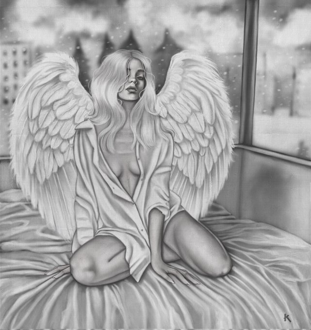 "QT quote your Tezos art": This is a quote from the artist's work that reads, "The woman has wings."