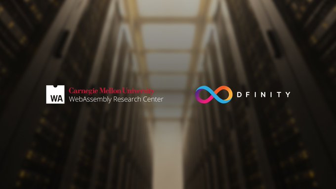 The image shows logos for Carnegie Mellon University's WebAssembly Research Center and the DFINITY Foundation displayed against a blurred background of what appears to be a modern architectural interior, visually representing the partnership mentioned in the accompanying text about their continued collaboration.