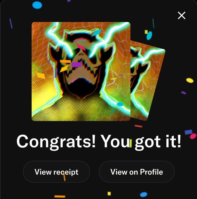 A digital receipt screen displaying 'Congrats! You got it!' with an animated graphic of a stylized mask surrounded by lightning effects and confetti.