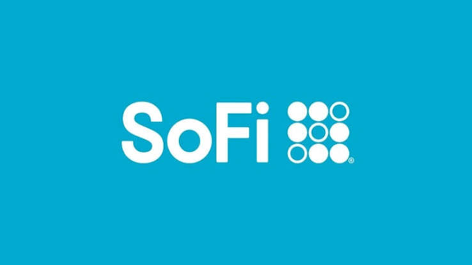 The SoFi logo is displayed in white text and a circular dotted pattern against a solid blue background.