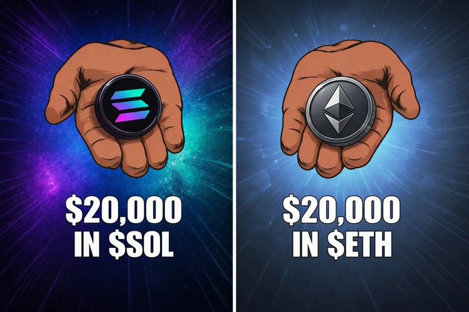 The image shows two hands holding up coins, one labeled "20K in $SOL" and the other labeled "20K in $ETH". The text above each coin indicates that they are worth 20,000 in either Bitcoin or Ether. The caption below the image states who does the 10x first.