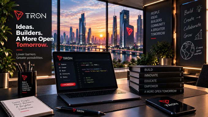 A workspace displays a laptop with code and the 'TRON' logo alongside a notebook reading 'Same People. More Builders. A Brighter Tomorrow.' with motivational books stacked nearby.