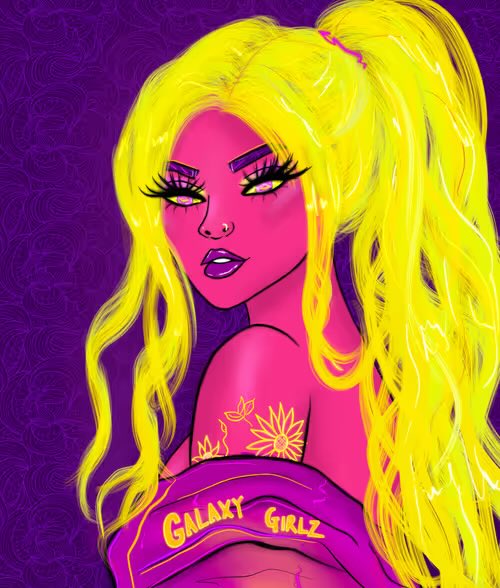 A vibrant digital illustration depicts a pink-skinned woman with bright yellow pigtails, dramatic eye makeup, and a shirt reading 'GALAXY GIRLZ' against a purple patterned background.