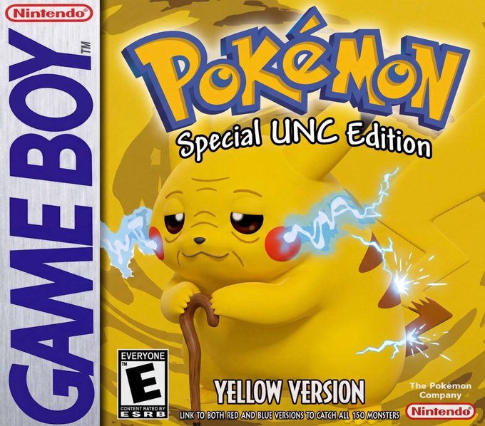 Cover art for 'Pokémon Special UNC Edition: Yellow Version' for Game Boy, featuring a tired-looking Pikachu holding a cane with electrical sparks.