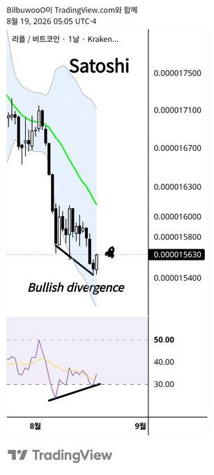 A TradingView candlestick chart titled "Satoshi" on the Bilbwooo01 profile shows the Korean exchange pair on the 1-day timeframe against Korean Won, dated August 19, 2026. The chart highlights a "Bullish divergence" annotation where price has made lower lows but the RSI indicator below shows higher lows, a classic signal supporting the post's claim of bullish divergence on the Satoshi chart.