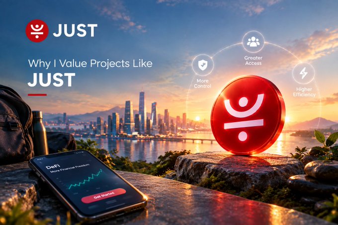 A promotional banner for JUST cryptocurrency titled 'Why I Value Projects Like JUST,' featuring the red JUST logo, a city skyline, and a phone displaying DeFi market health with features like Greater Access, More Control, and Higher Efficiency.