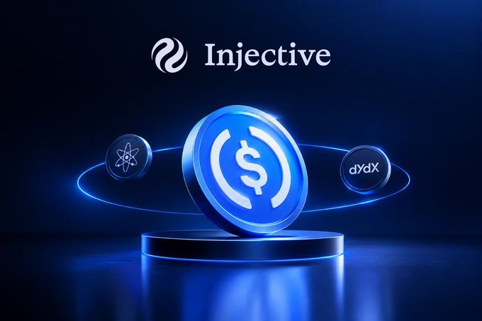 A promotional graphic for Injective features a glowing blue coin with a dollar sign, surrounded by atomic and 'dXdX' icons on a dark background.