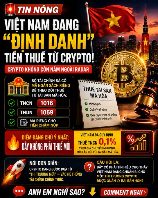 Vietnamese-language crypto infographic announcing Vietnam is 'identifying' crypto tax, with mentions of TNCN 1016, TNDN 1059, a 0.1% crypto tax rate, and a Bitcoin graphic.