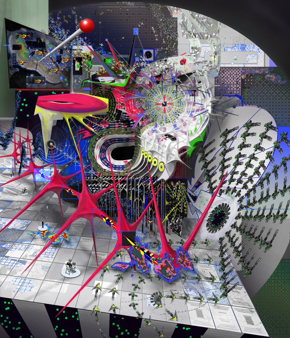 A complex, surreal digital 3D artwork featuring bright pink web-like structures, scattered humanoid figures, and abstract architectural elements in a chaotic composition.